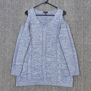 Cupio Sweater Womens Large Blue Long Sleeve Open Shoulder V-Neck Knit Tunic Top